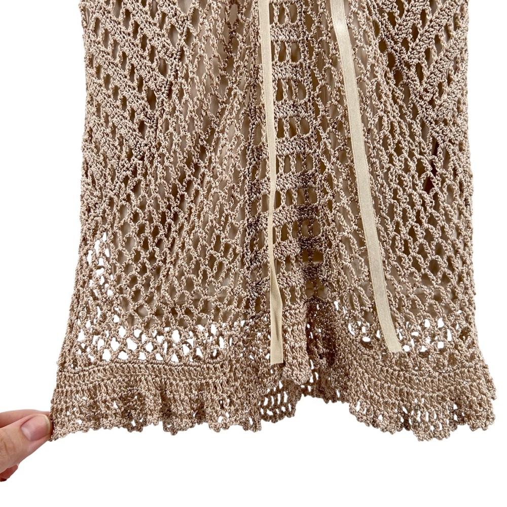 Say What? Y2K Crochet Double Layer Tank Sz L Ribbon Tie Tan Adjustable Strap - Picture 7 of 16
